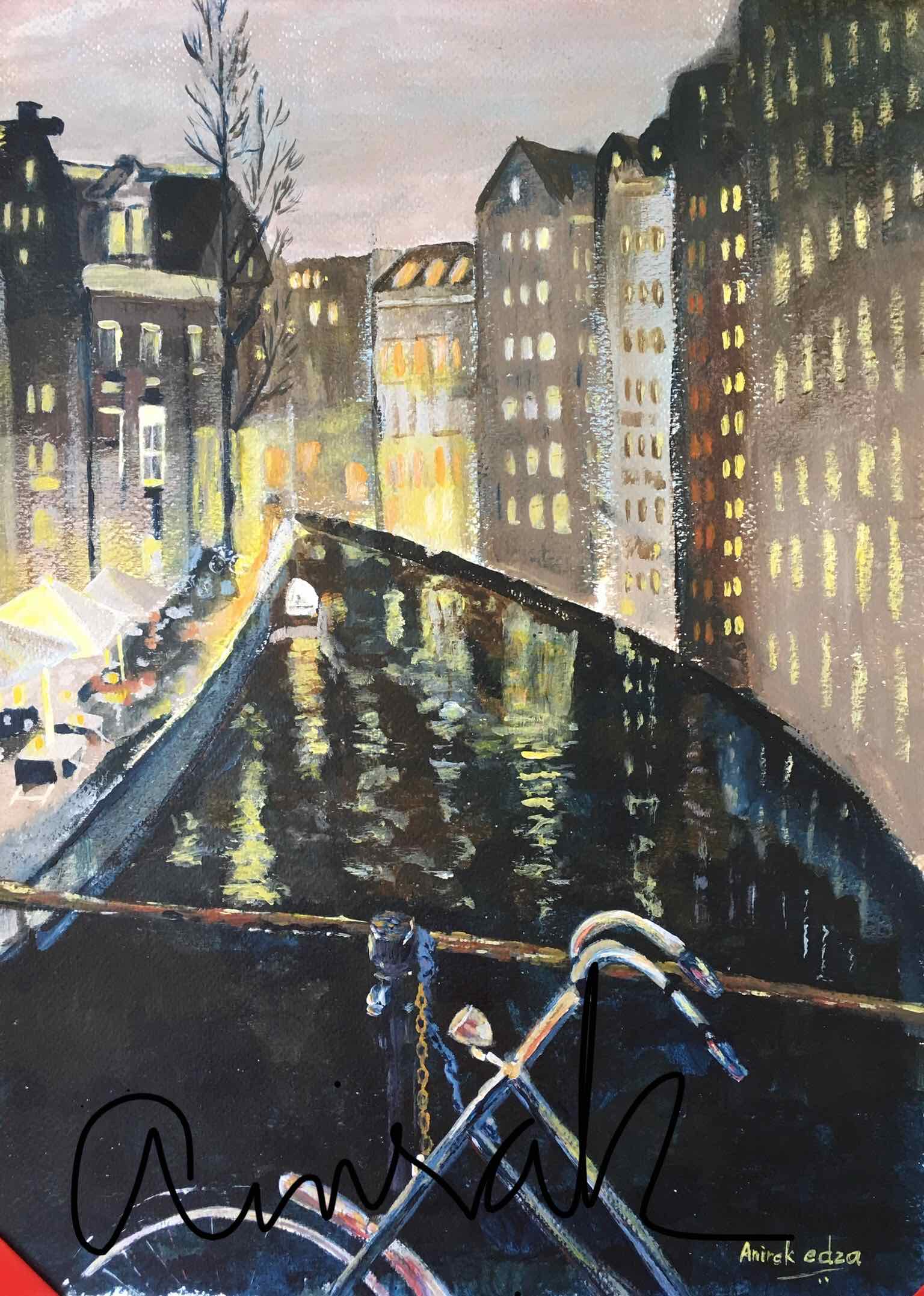 Amsterdam Bike out for the night — painting by Anirak Edza