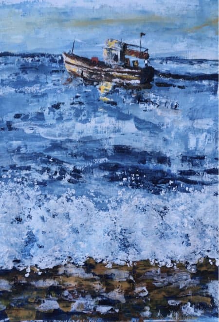 Early Morning Fishing boat on Goa seas — painting by Anirak Edza