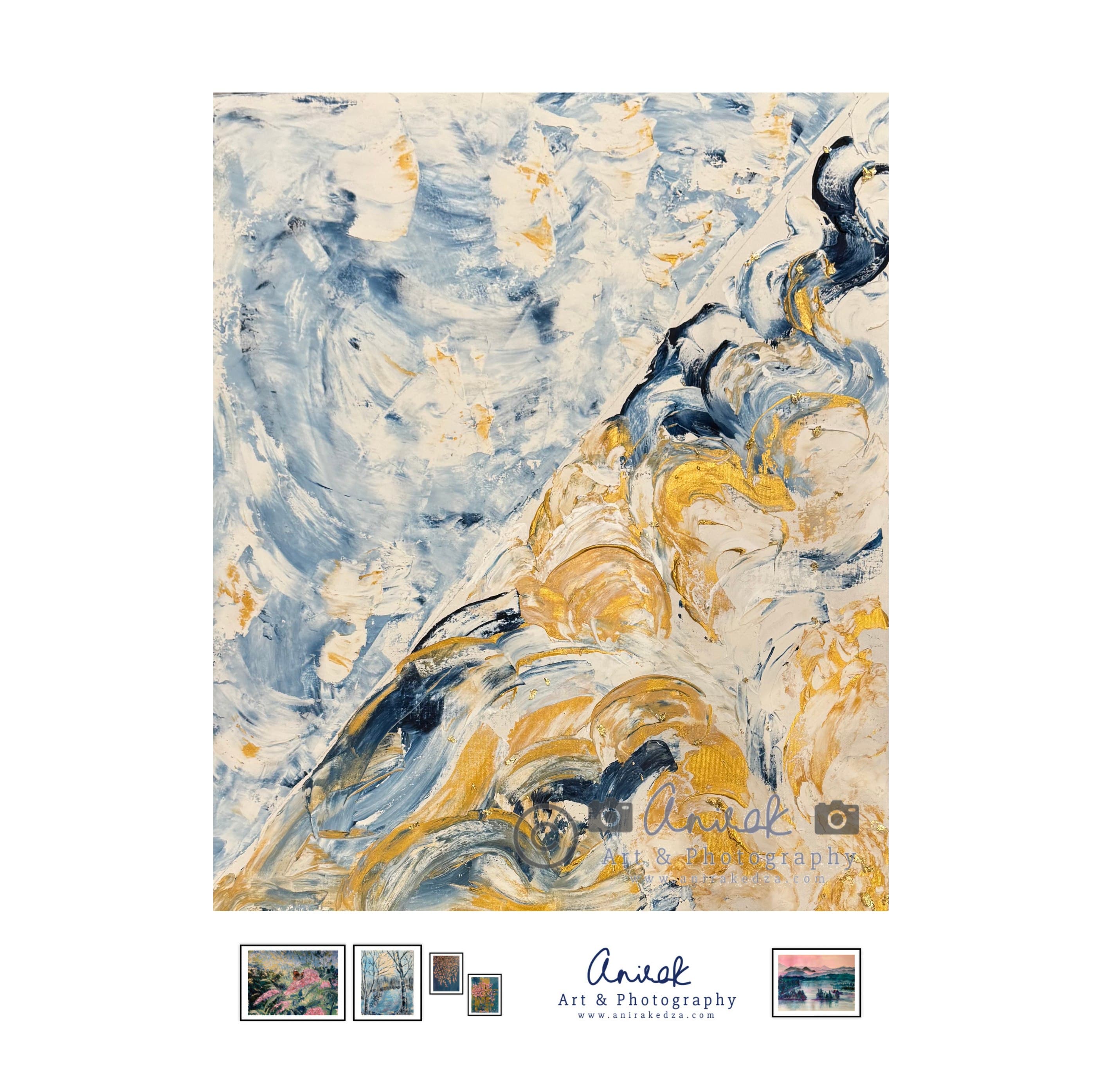 Abstract work swirls of blue and gold textured — painting by Anirak Edza