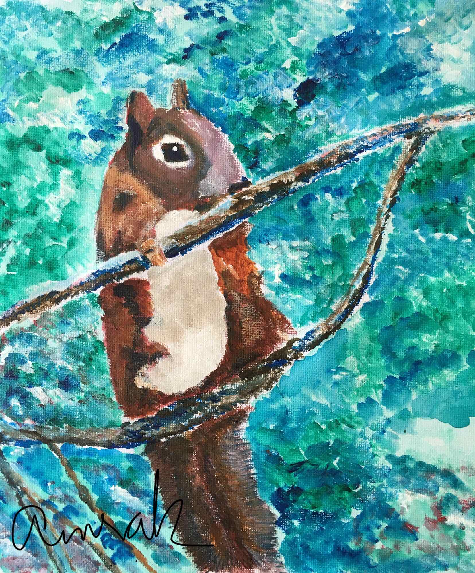Red Squirrel startled — painting by Anirak Edza