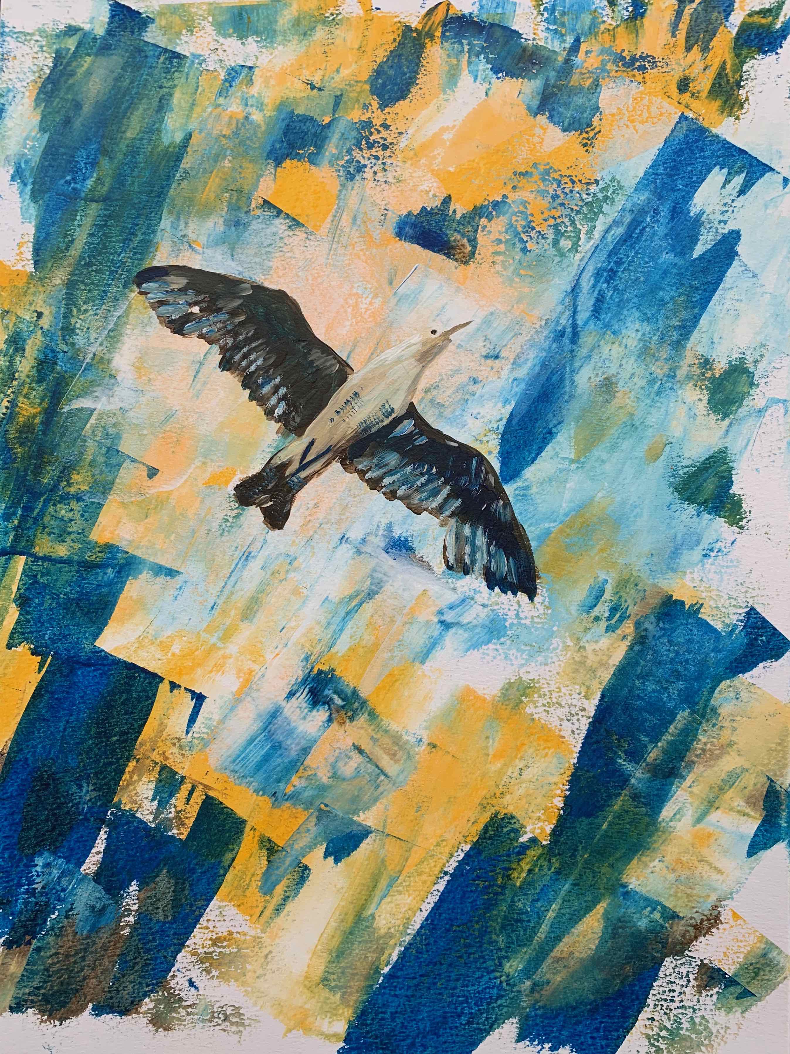 Seagull soaring above Portugal Beach — painting by Anirak Edza