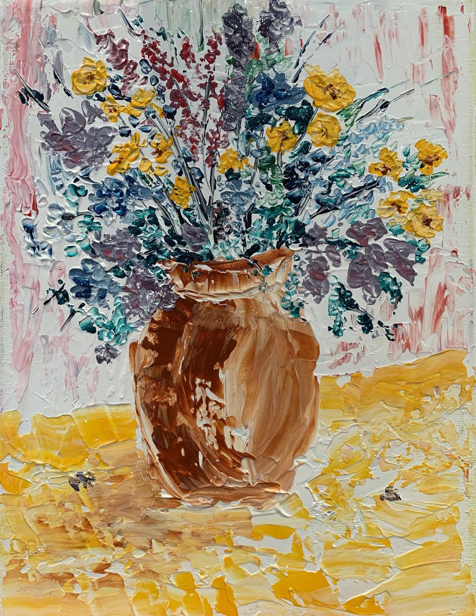 Wildflowers, terracotta, vase, bright sunny window — painting by Anirak Edza