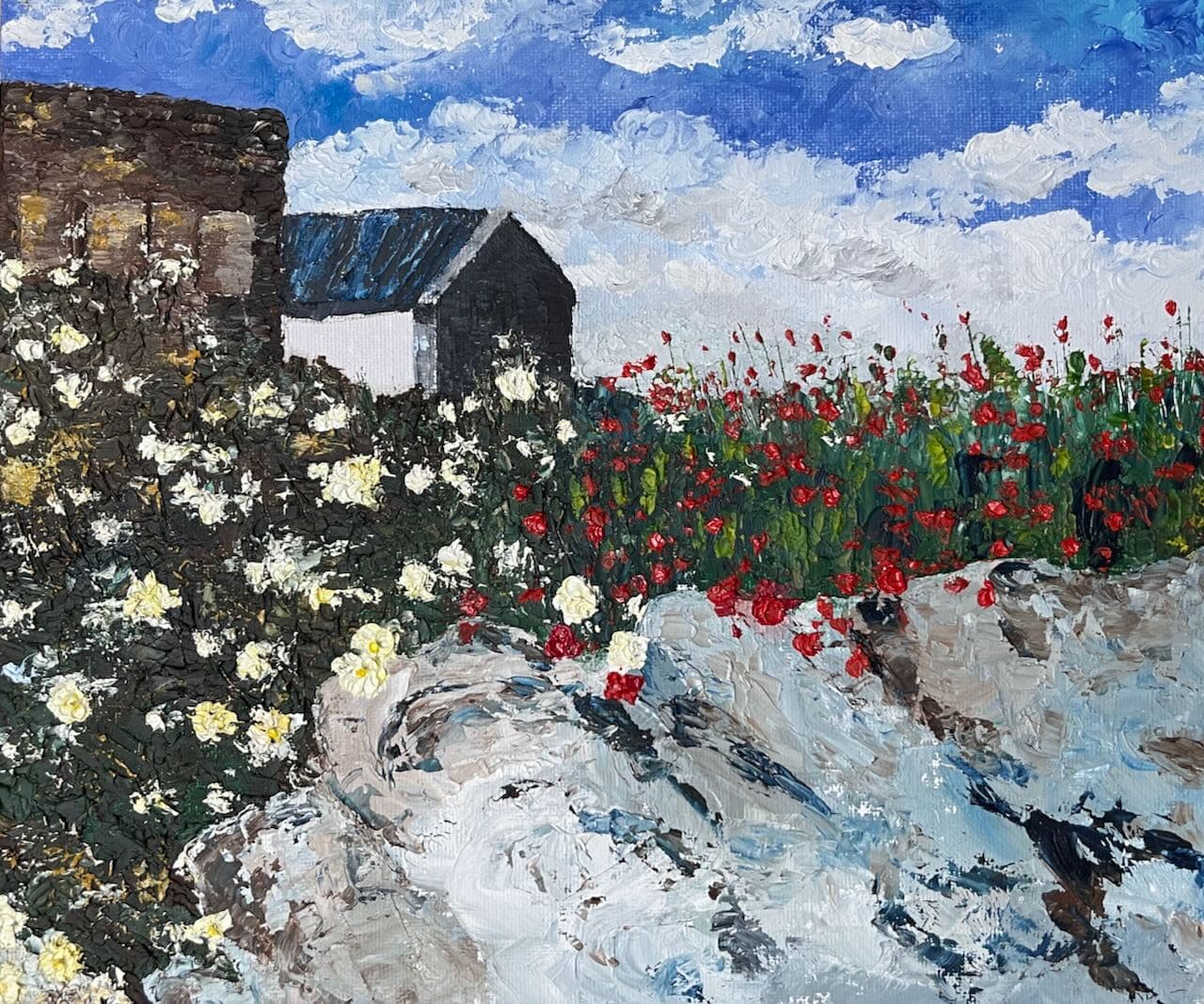 Flowers over stone wall in Cornwall — painting by Anirak Edza
