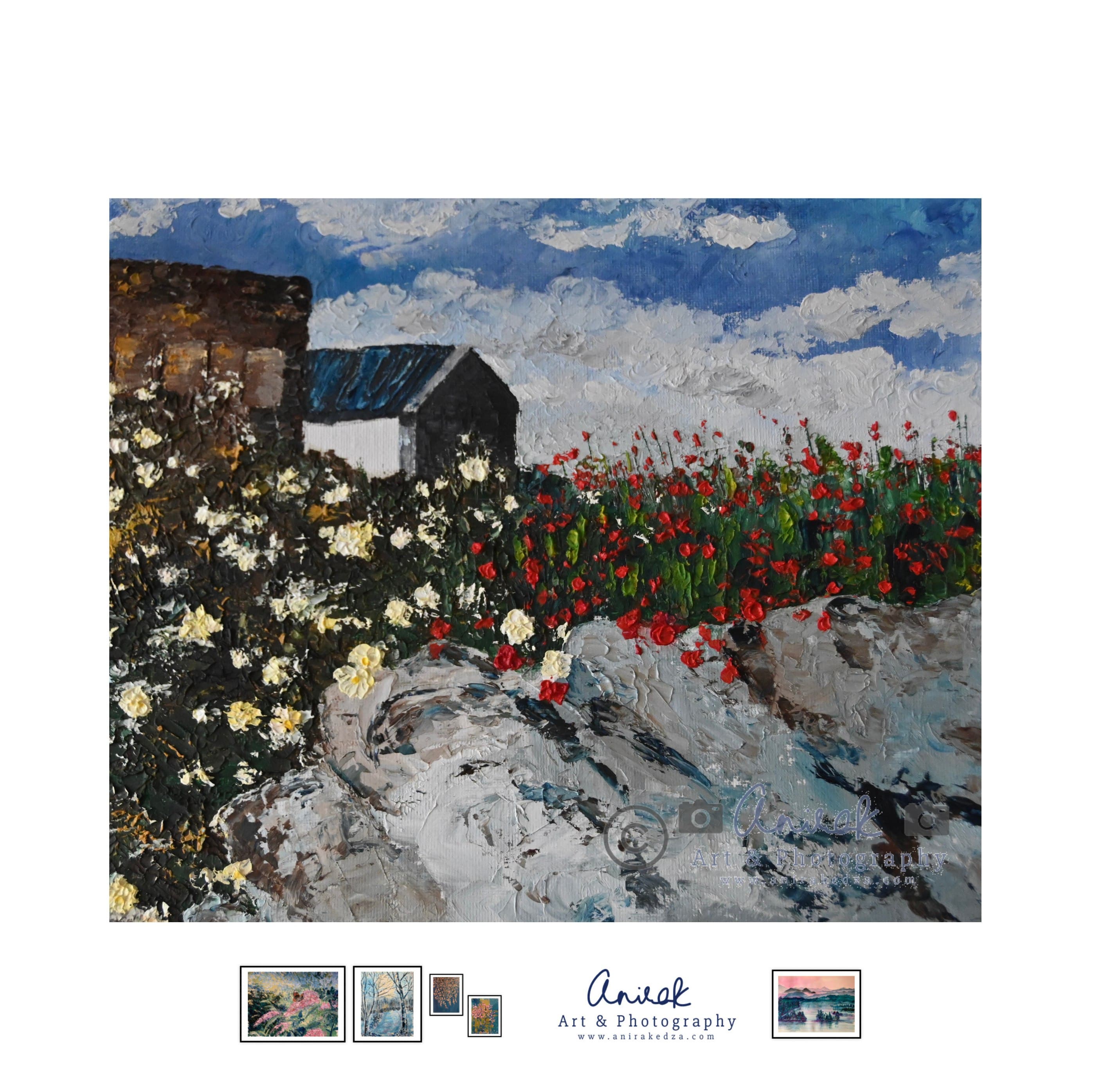 Flowers over stone wall in Cornwall — painting by Anirak Edza